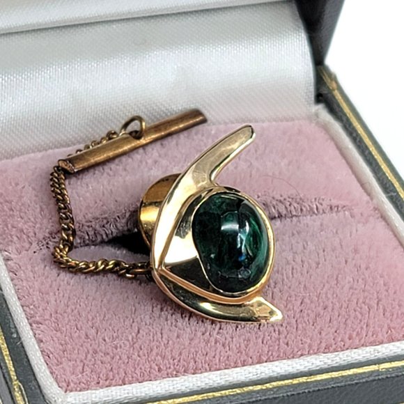 14k Yellow Gold Malachite Angel Fish Tie Tack Pin Vintage Artisan Made CT409 - Picture 5 of 16